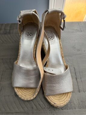 Vince Camuto Metallic Silver Leather Espadrille Wedge Sandals